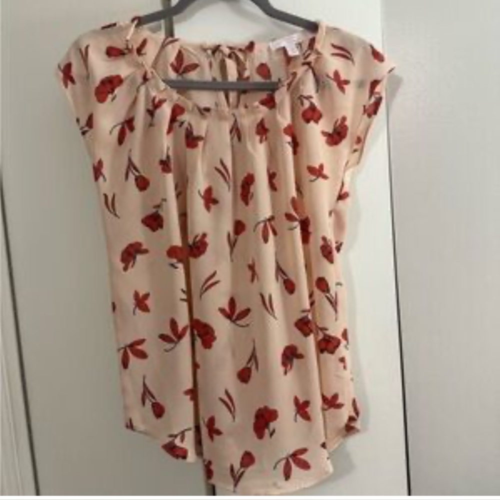 LC Lauren Conrad Cream Blouse with Red Floral Design